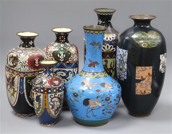 A Japanese large ovoid cloisonne black ground vase and four other vases, H 30cm (tallest)
